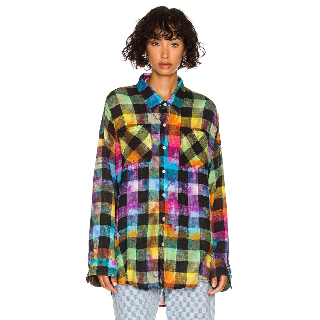 R13 Oversized Drop Neck Shirt (Sz Xs) Cotton Gauze Button Up Rainbow Plaid Check